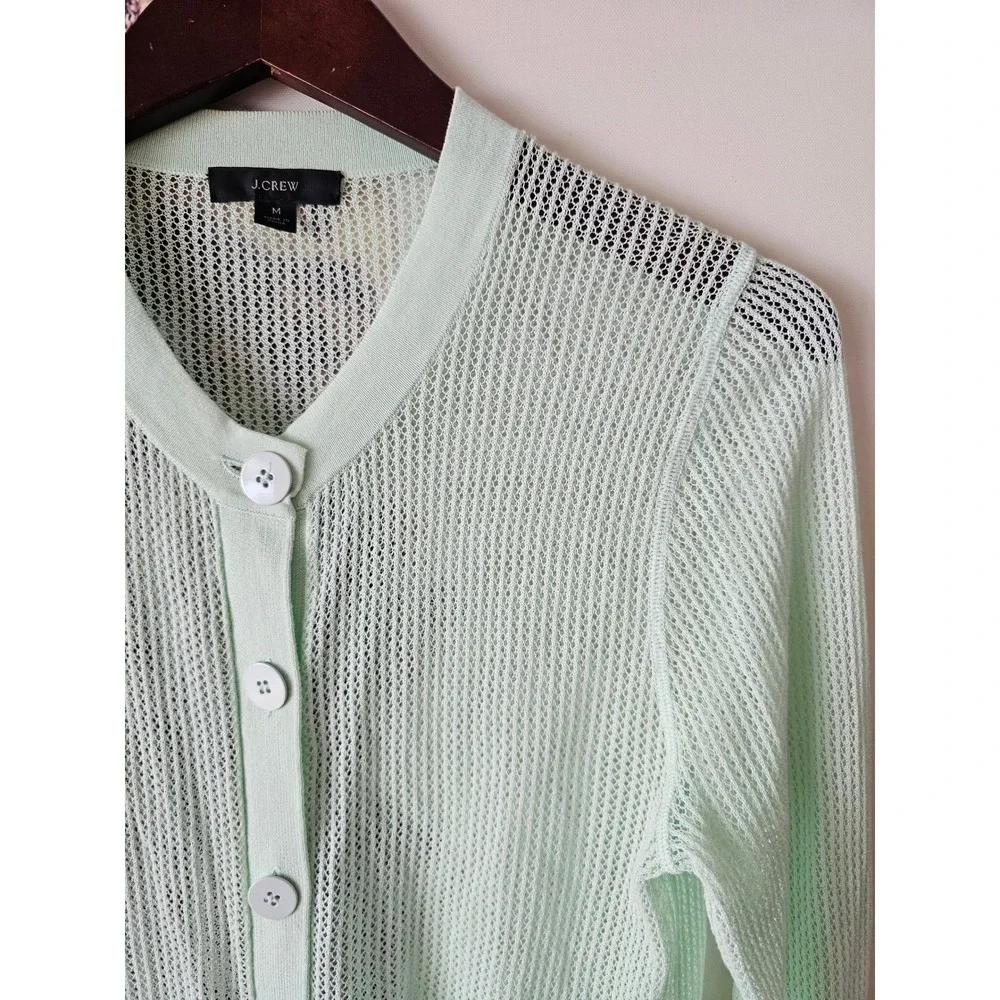 J Crew Pointelle Stitch Mint Green‎ Open Knit Mesh Button Front Cardigan Size M